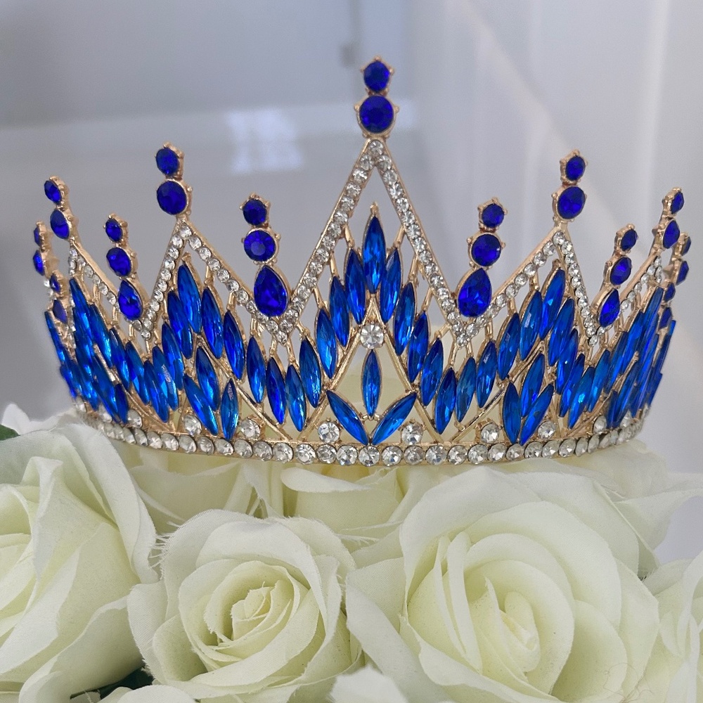 Tiara  Blue & clear rhinestones and gold metal